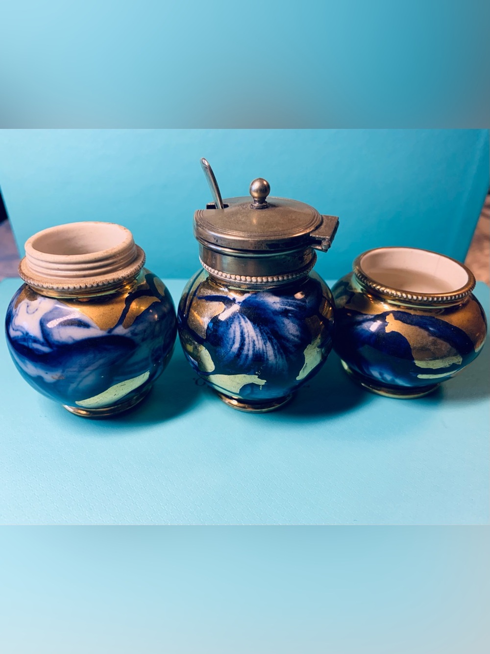 Antique Doulton Burslem Flow Blue and Gilt 3-Piece Condiment Set.